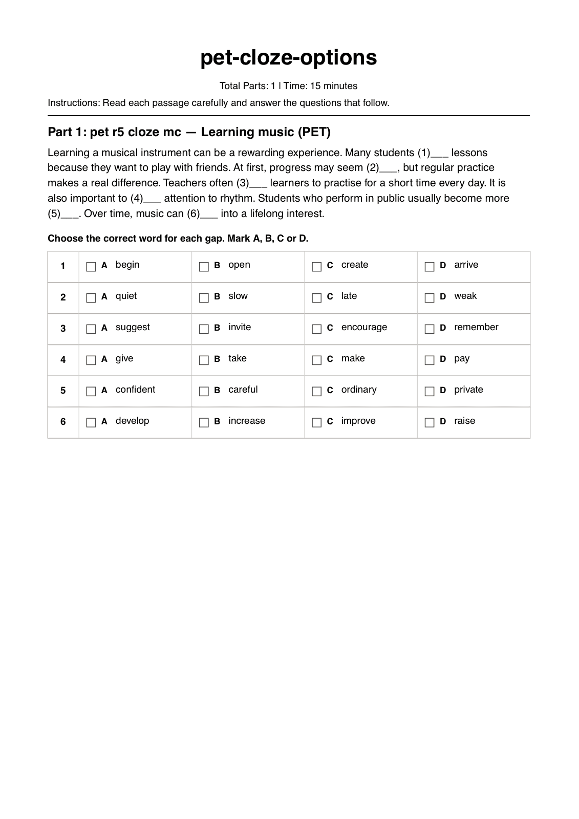 Generated B1 Reading Part 5 paper page with horizontal A/B/C/D option rows
