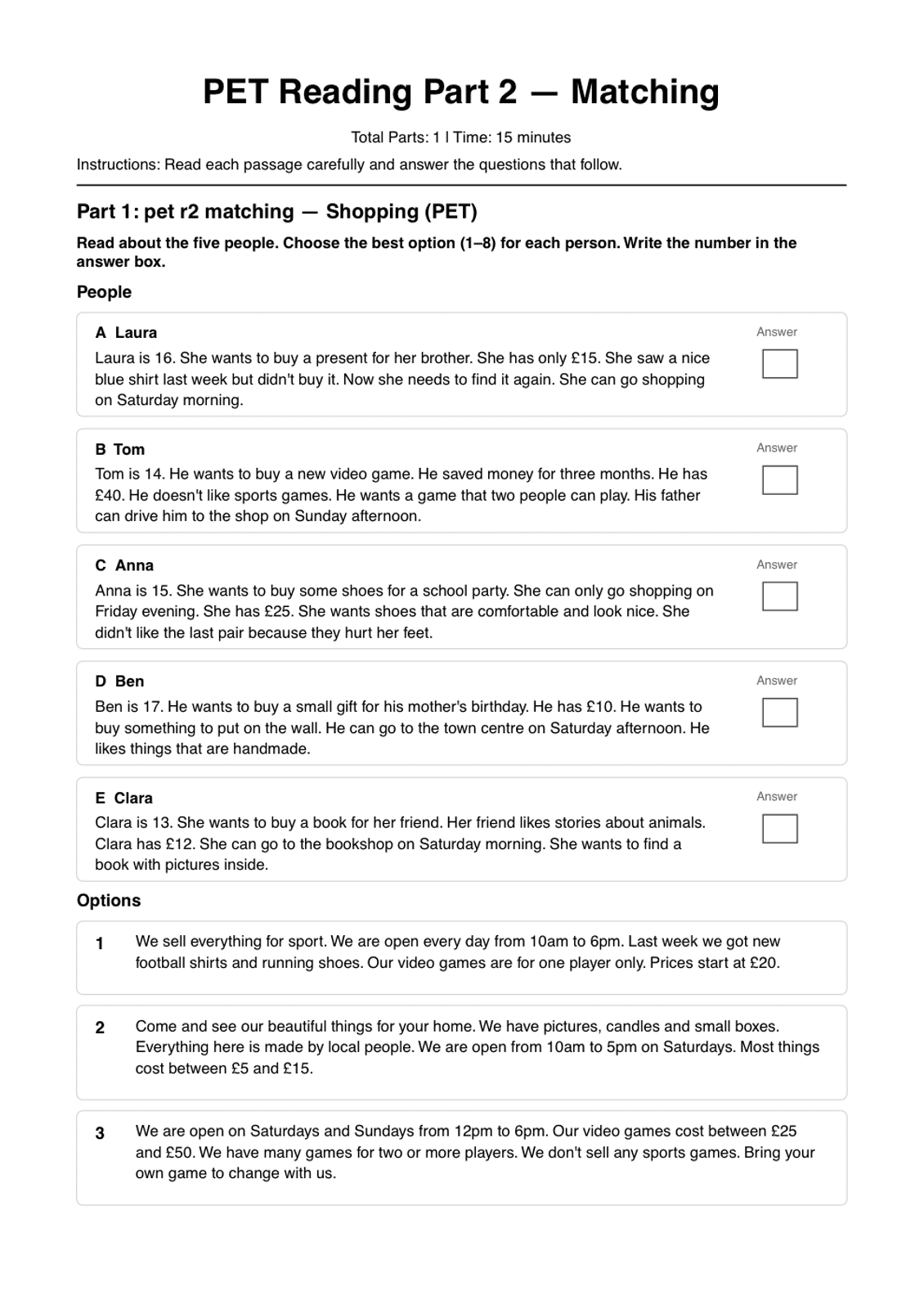 Generated B1 Reading Part 2 paper page with five described people, eight option texts and an answer box for each person