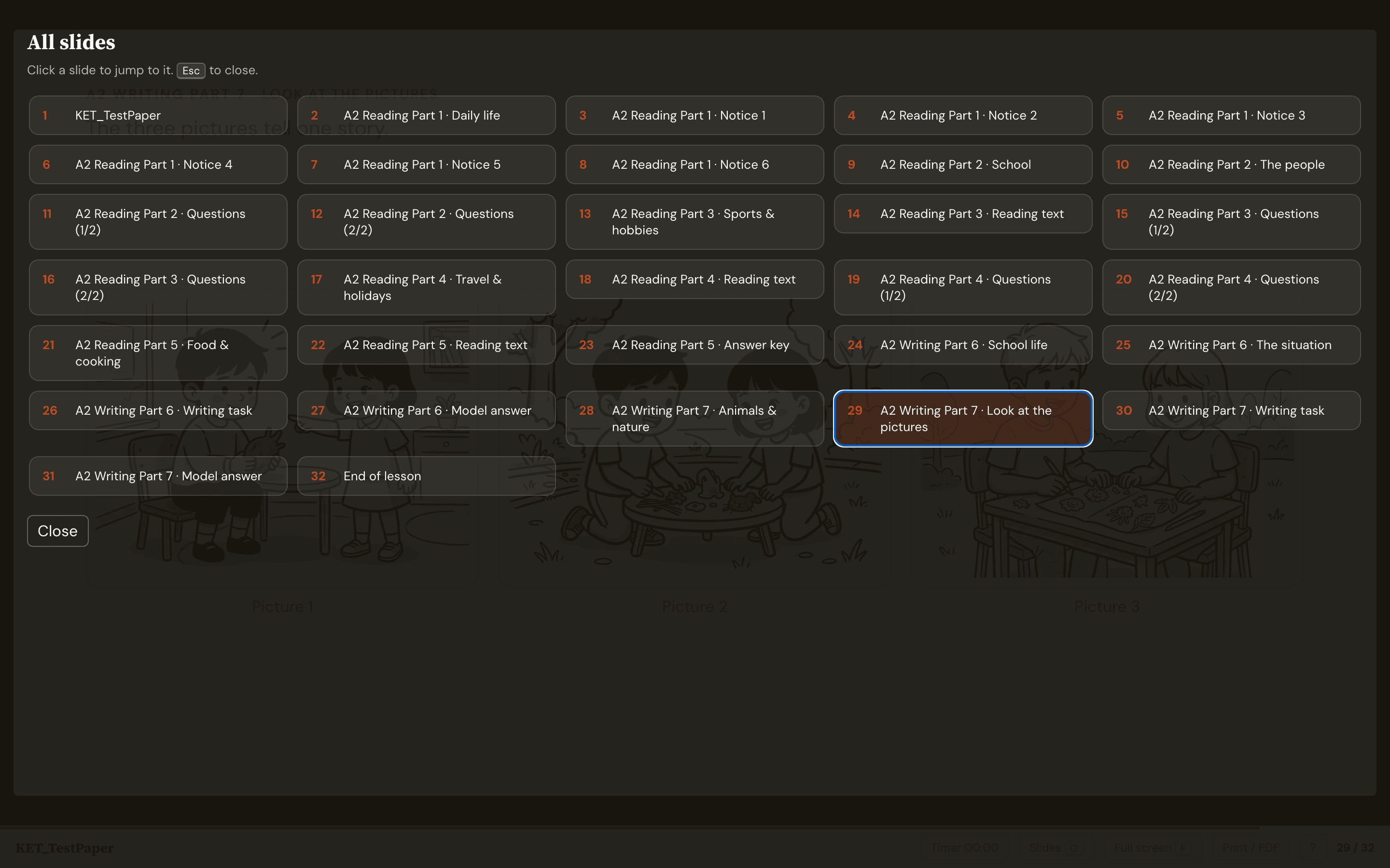 Deck navigation panel listing all 32 slides of the teacher copy, including answer key and model answer entries
