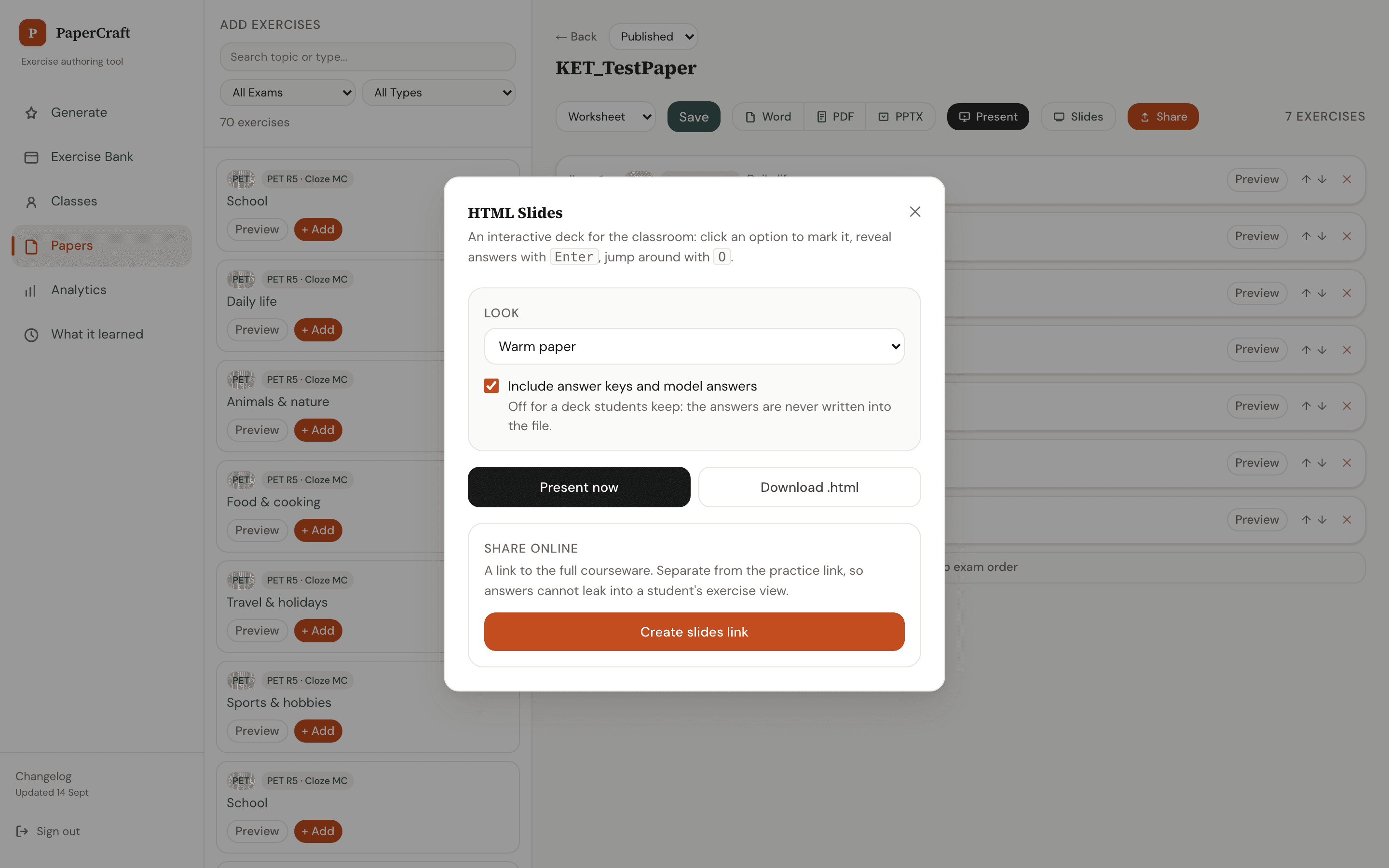Slides panel in the paper workspace with theme selector, an include-answers checkbox, present and download actions, and a share link