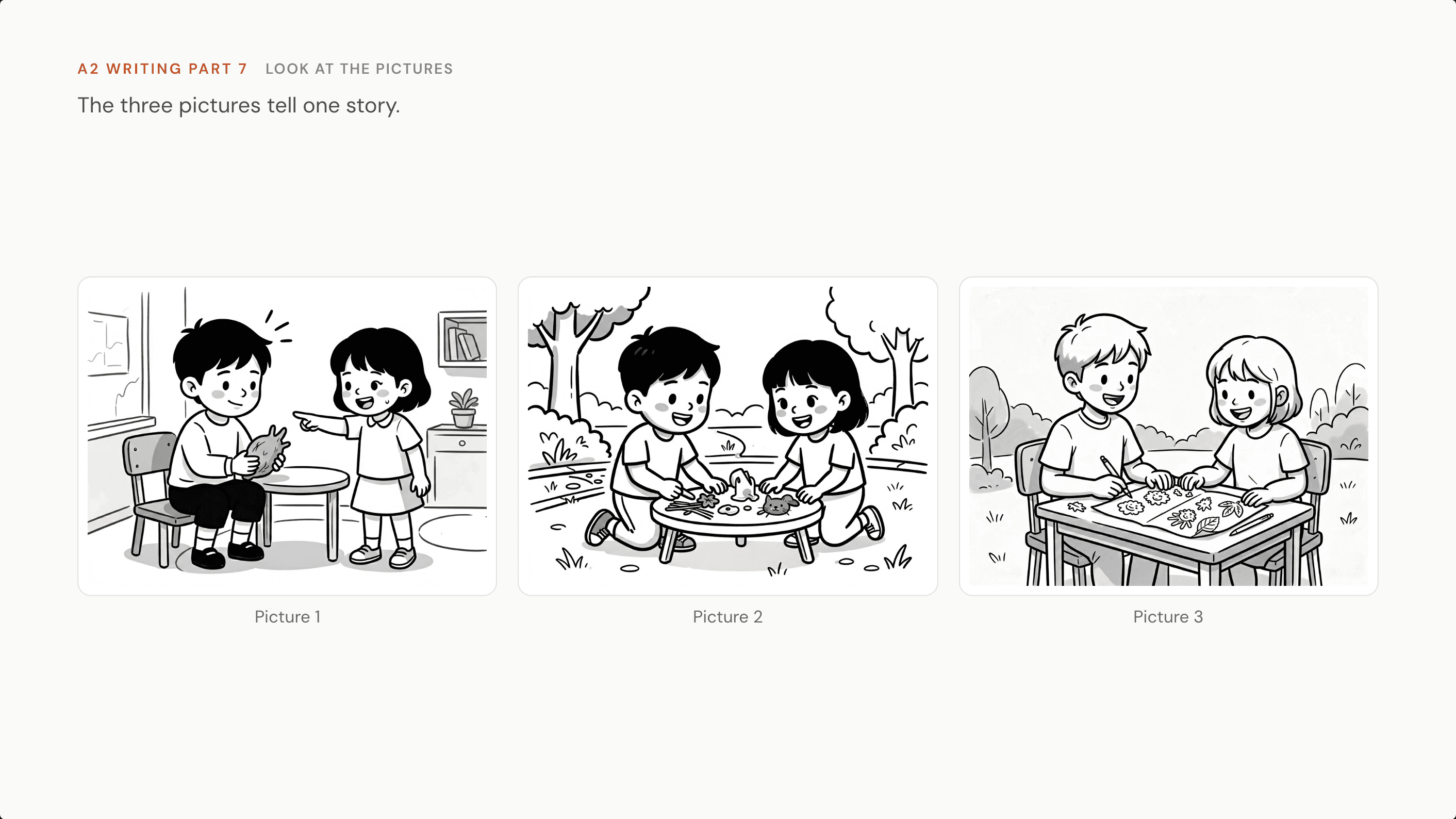 A projected slide showing the three generated line-drawing pictures of a KET picture-story task