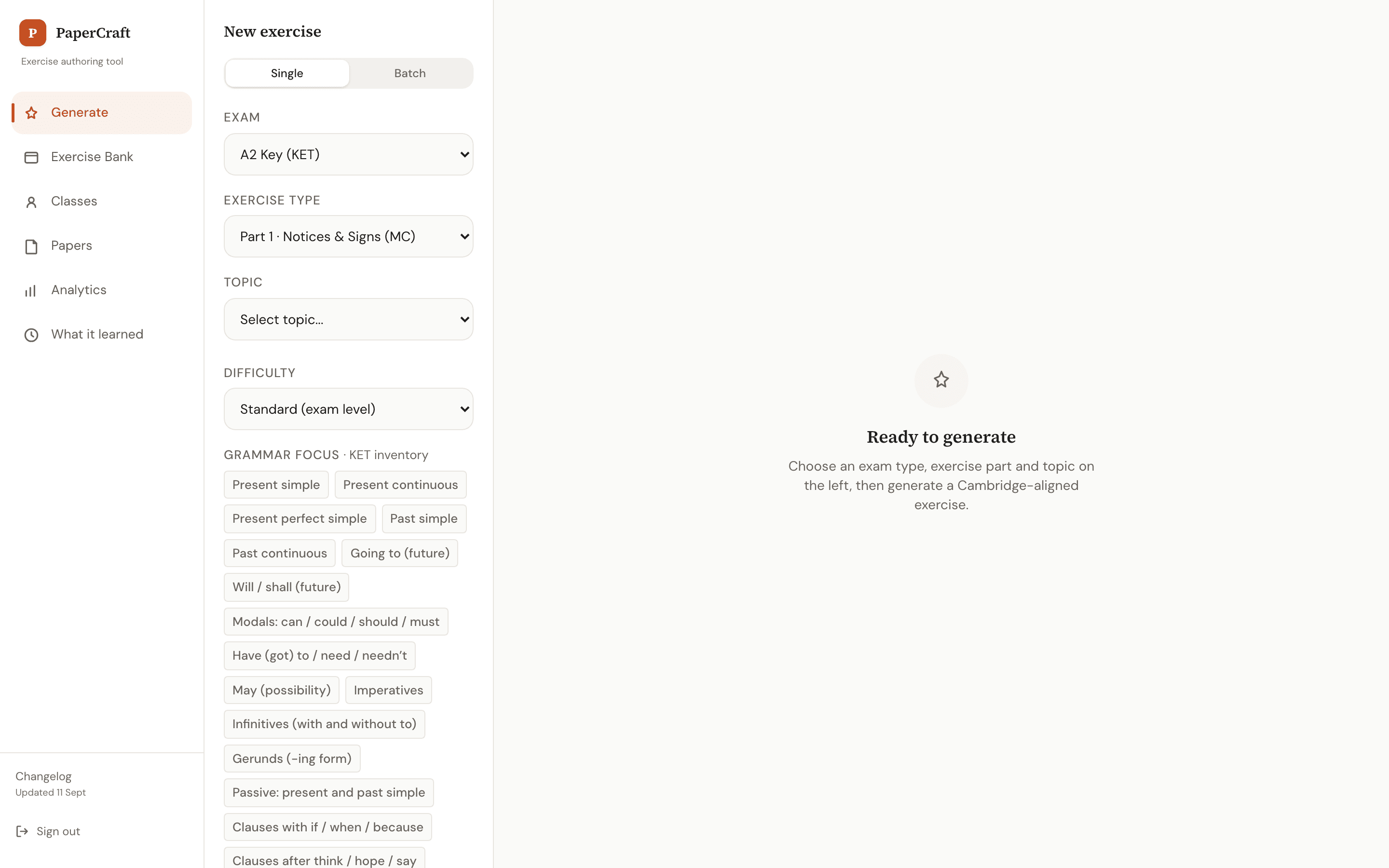 PaperCraft authoring workspace showing exam, exercise type, topic, difficulty and grammar-focus controls